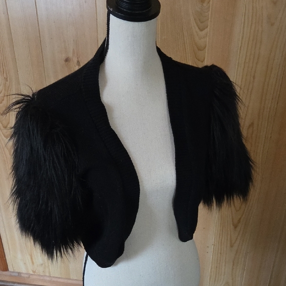 CAbi Black Sweater with Faux Fur Sleeves - Picture 6 of 7